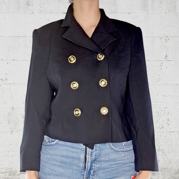 80s Vintage Black Double Breasted Deadstock Oleg Cassini Cropped Blazer Size 8 - Picture 2 of 11